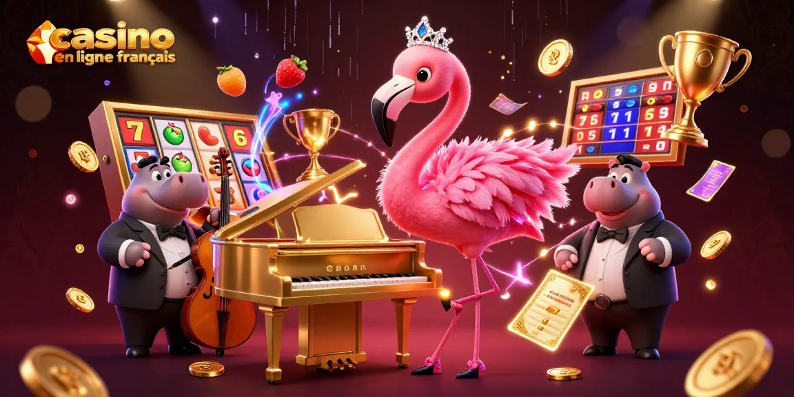 Visuel dynamique de casino en ligne français avec des personnages animés et des éléments de jeu colorés.