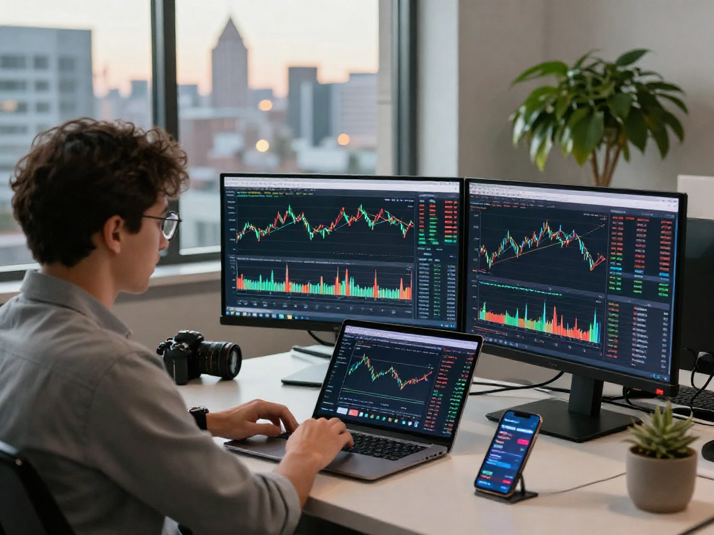 Trader using TradingView platform in a modern financial workspace with multiple monitors and city skyline view.