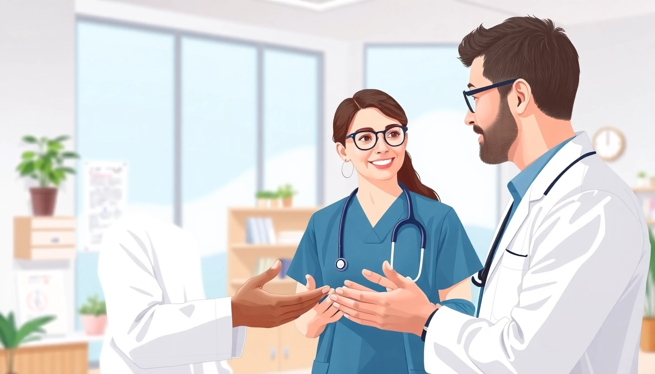 Engaging discussion about Health in a modern clinic emphasizing care and well-being.