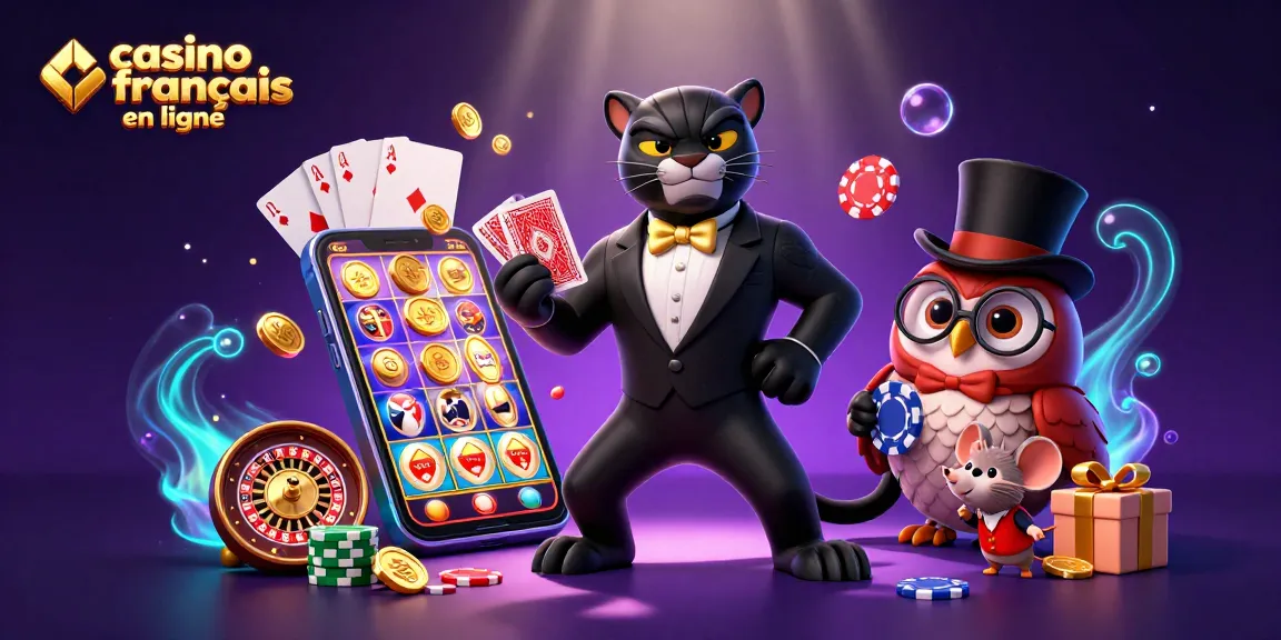 Profitez de jeux excitants sur casino français en ligne avec des personnages de jeu colorés et des éléments de casino.