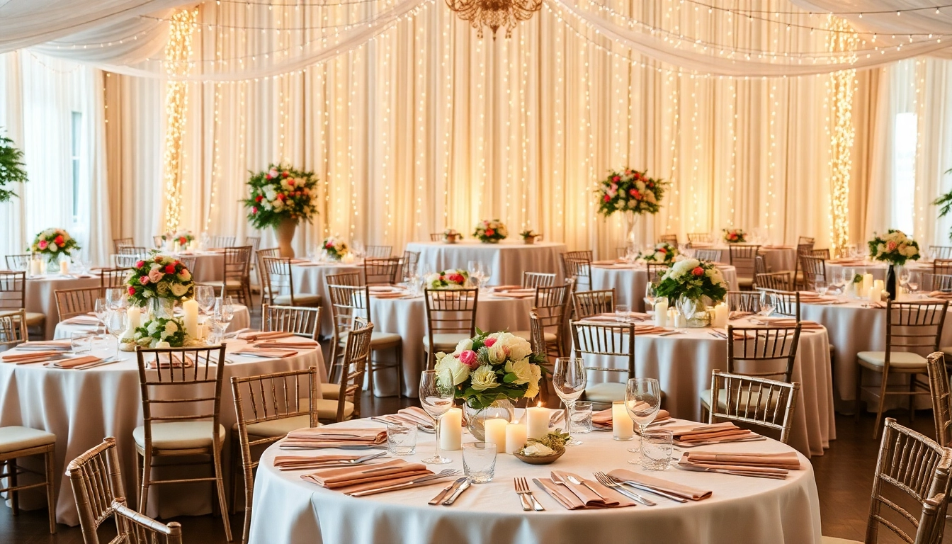 Beautifully arranged Table Rentals at a wedding with decorative centerpieces and soft ambient lighting.