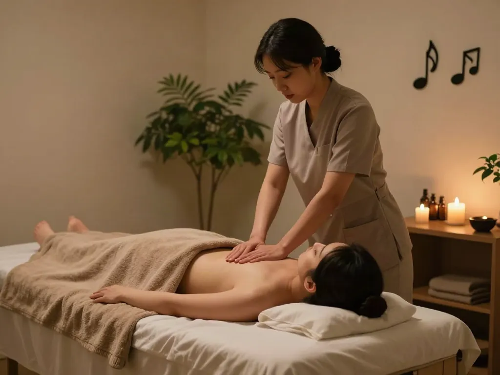 역삼동출장마사지 session in a tranquil wellness studio with soft lighting and calming elements.