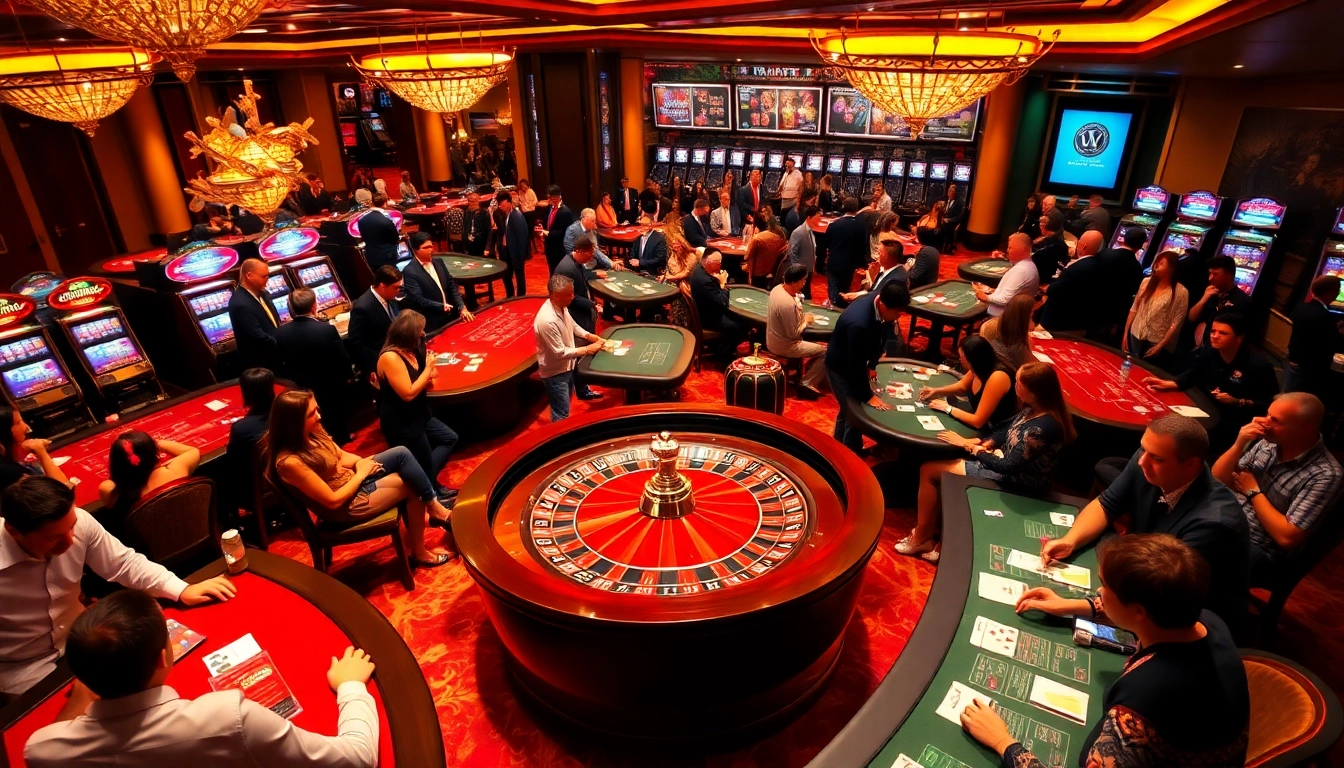Players enjoying high-stakes action at a glamorous casino inspired by https://jun88buzz.info/ with roulette and slot machines.