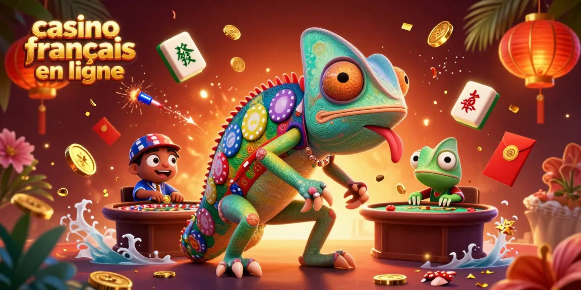 Un caméléon de casino captivant dans une scène vibrante de casino français en ligne, entouré de joyaux du jeu.