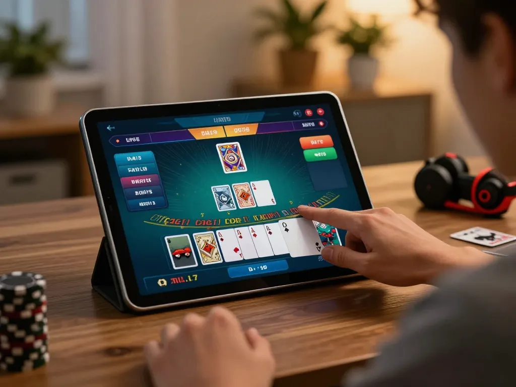 Fly88 online blackjack gameplay on a tablet in a cozy home setup, emphasizing strategic betting.