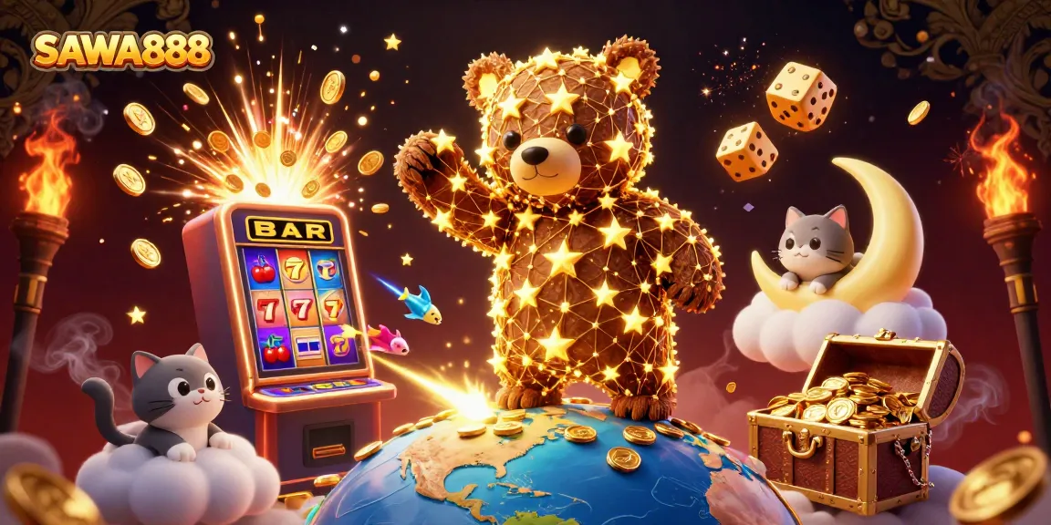 Engage with SAWA888's thrilling casino experience featuring a constellation bear, jackpot slots, and colorful gaming elements.