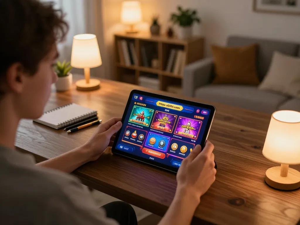 Engaging in online gaming at https://ok904.com/ with focused tablet gameplay amidst a cozy home setup