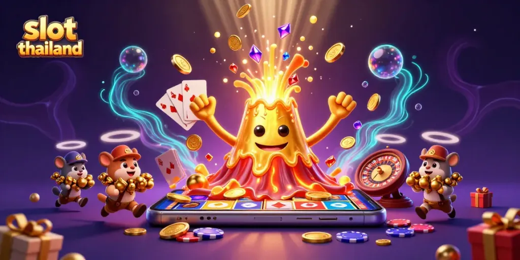 Experience thrilling slot games in Thailand with vibrant visuals and treasures erupting from gameplay.