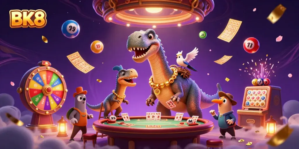 Engage with BK8 through a whimsical casino scene featuring a towering brontosaurus and clever raptor dealing cards.