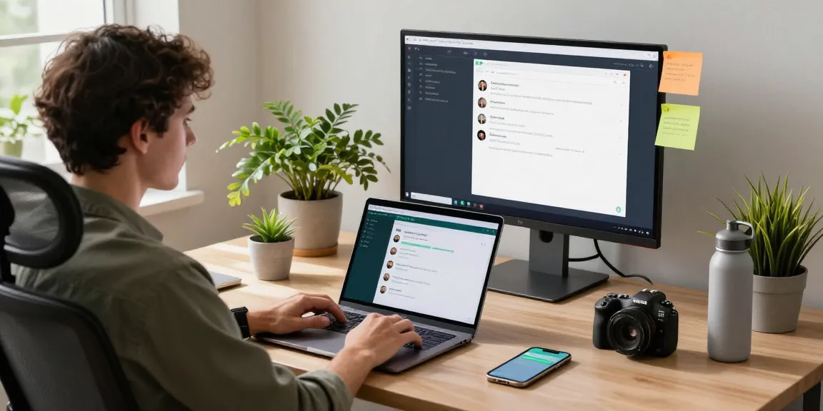 Using WhatsApp電腦版 on a laptop in a modern home office setting.