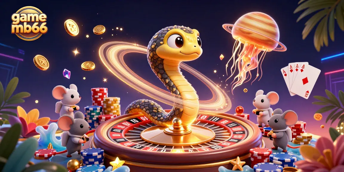Win big with game mb66 in this vibrant cosmic casino illustration featuring 3D characters.