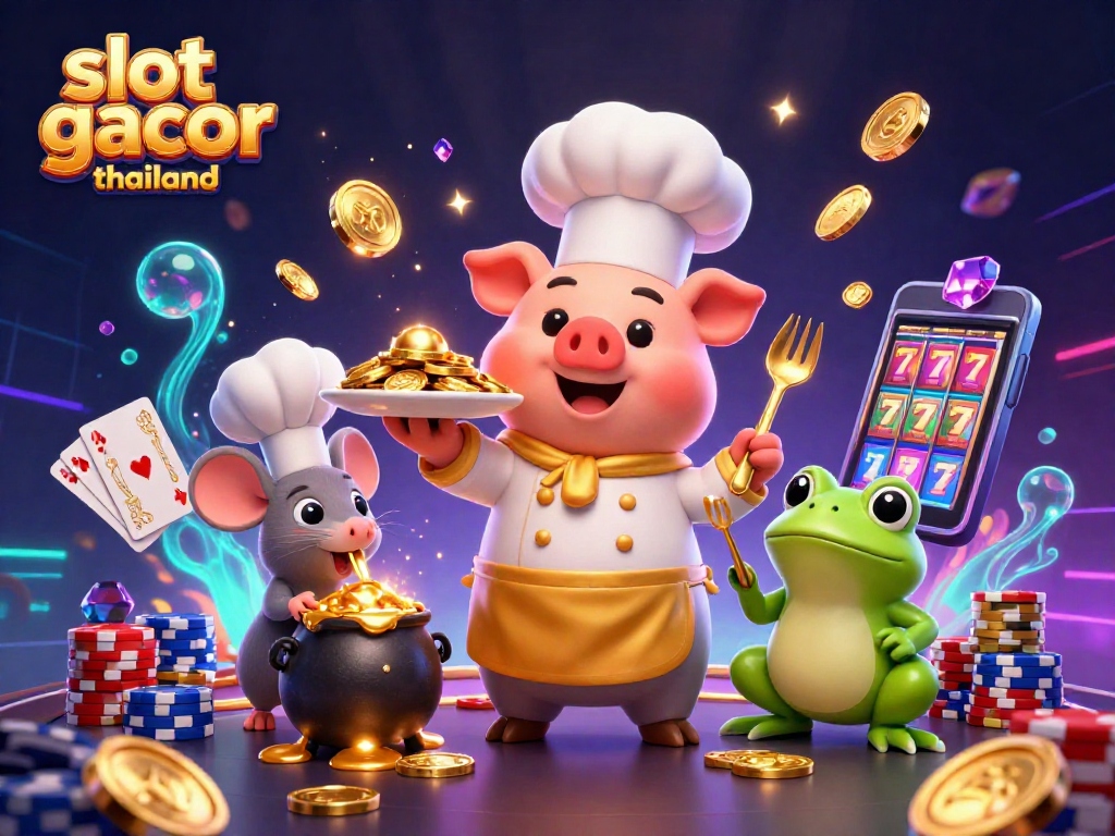 Experience the thrill of slot gacor thailand with vibrant characters serving gold coins amid cascading casino elements.
