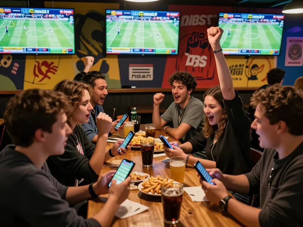 Friends celebrating a sports betting win using bookmakers stranieri at a lively venue.