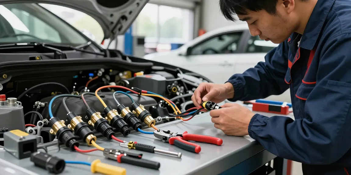 Heavy duty waterproof electrical connectors being installed in an automotive workshop for reliable connections.