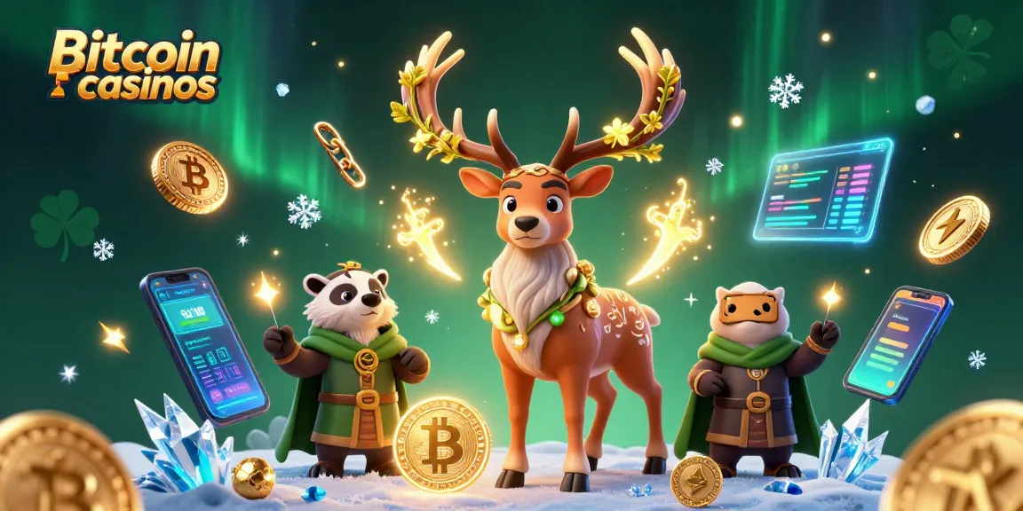 Jouez aux Bitcoin casinos avec le druide et le blaireau entourés d'éléments numériques lumineux.