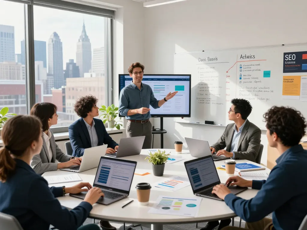Engaging local SEO NYC strategy session in a vibrant New York office, showcasing teamwork and innovation.