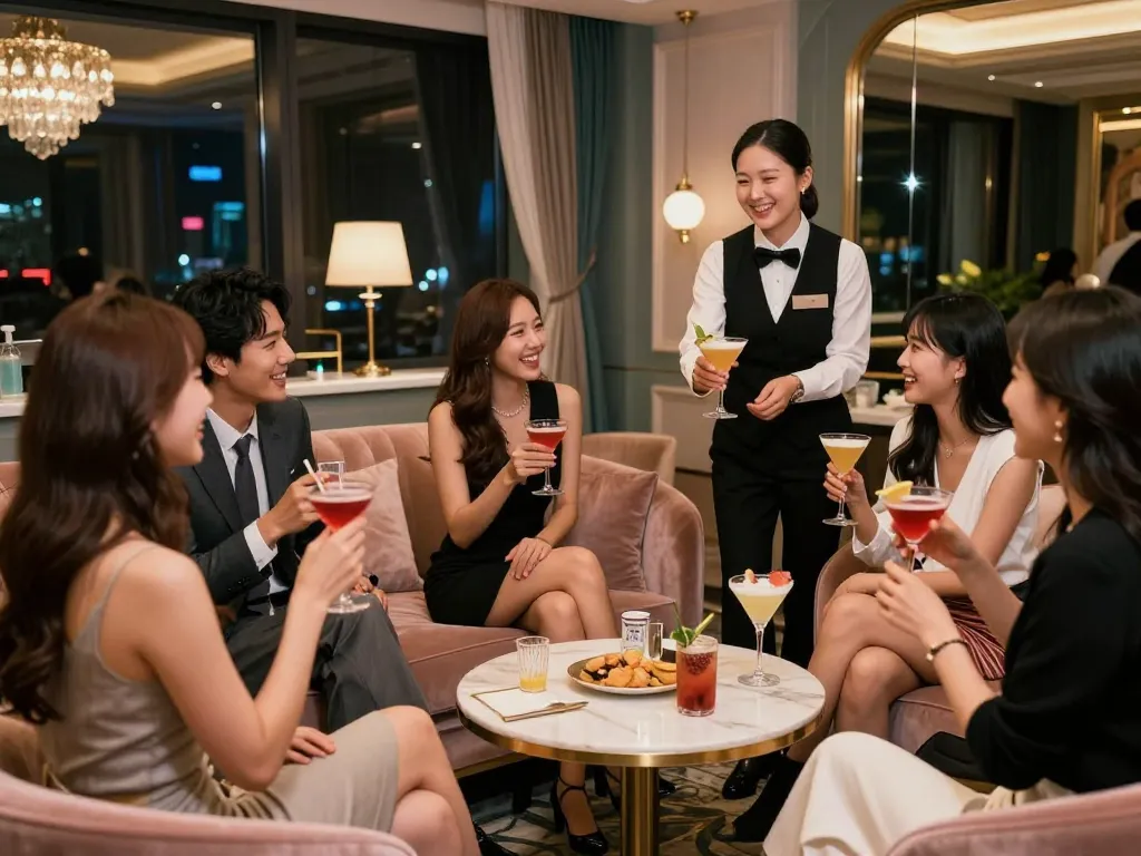 Enjoying premium services at 강남쩜오, a luxurious night out in stylish private setting.