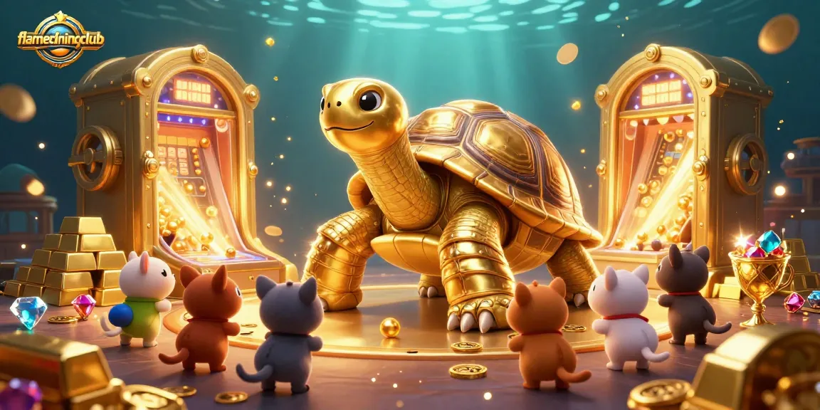 Spin the reels at flamediningclub with a golden tortoise and dazzling treasures surrounding it.