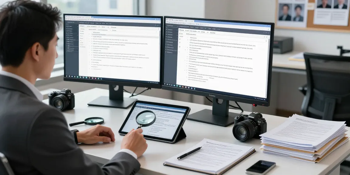 Asset tracing tools in use by a professional investigator analyzing financial data and case files.