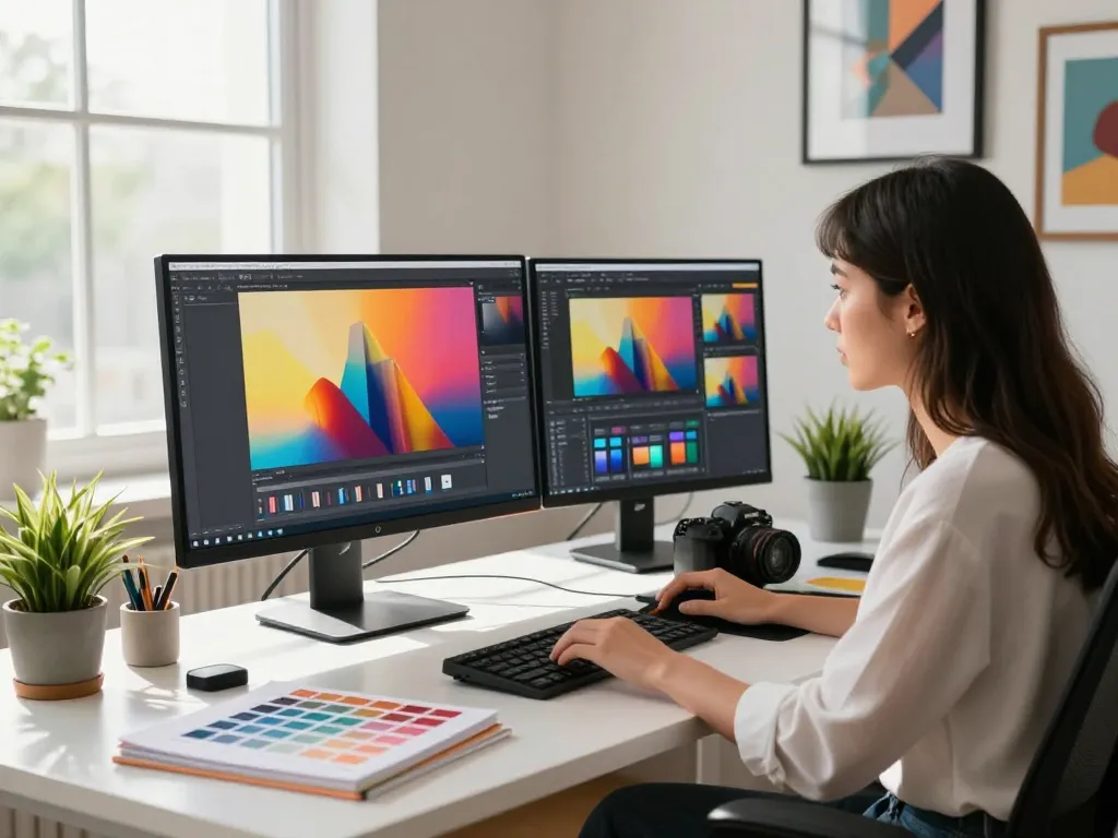 Designer using Nano Banana Pro AI image editor in a modern workspace, showcasing vibrant creativity and advanced image editing tools.