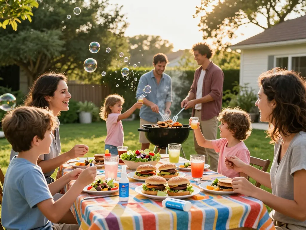 Family barbecue scene with mosquito repellent products for outdoor enjoyment.