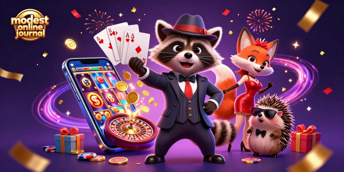 Experience winning strategies with the modest online journal game scene featuring a suave raccoon and vibrant casino elements.