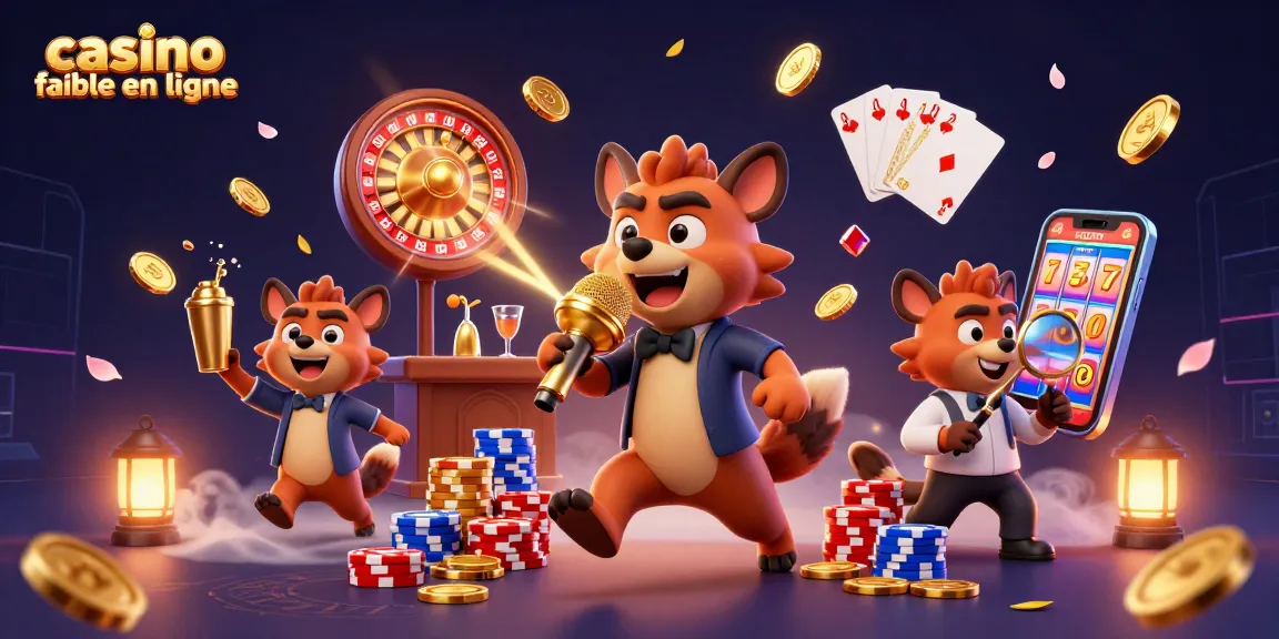 Illustration de casino fiable en ligne avec des hyènes animées créant une ambiance festive, mélangeant des cocktails et vérifiant les identités.