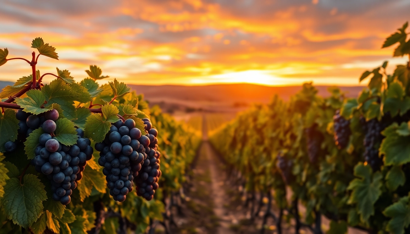 Harvesting Tempranillo grapes under golden sunset, highlighting vineyard beauty.
