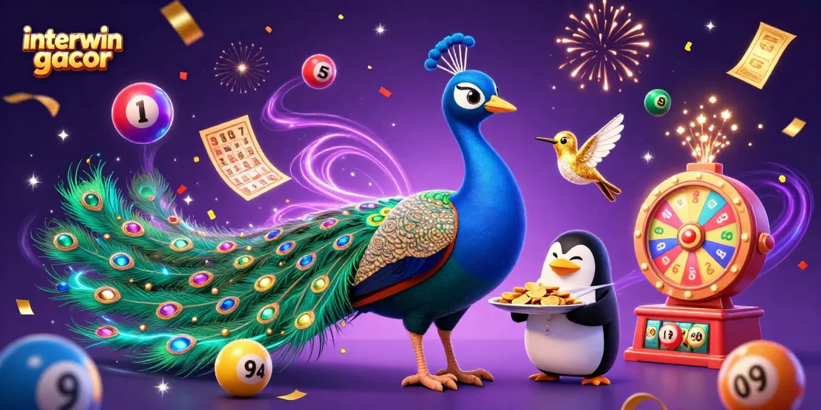 Experience interwin gacor with an energetic scene of playful characters surrounded by lottery elements and riches.