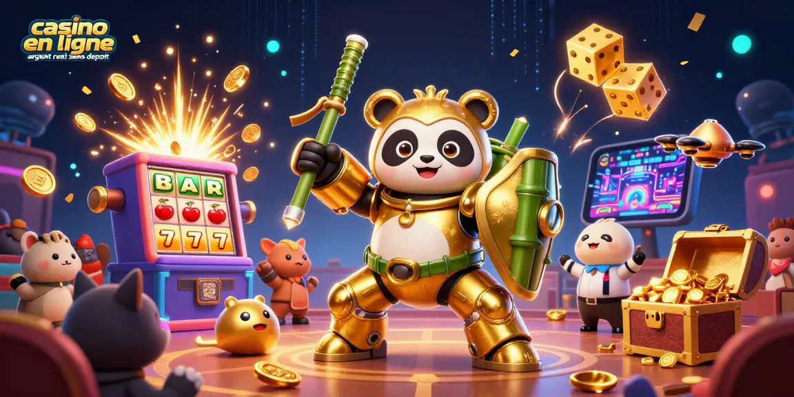 Jouez au casino en ligne argent réel sans dépôt avec ce panda doré animé dans une scène dynamique.
