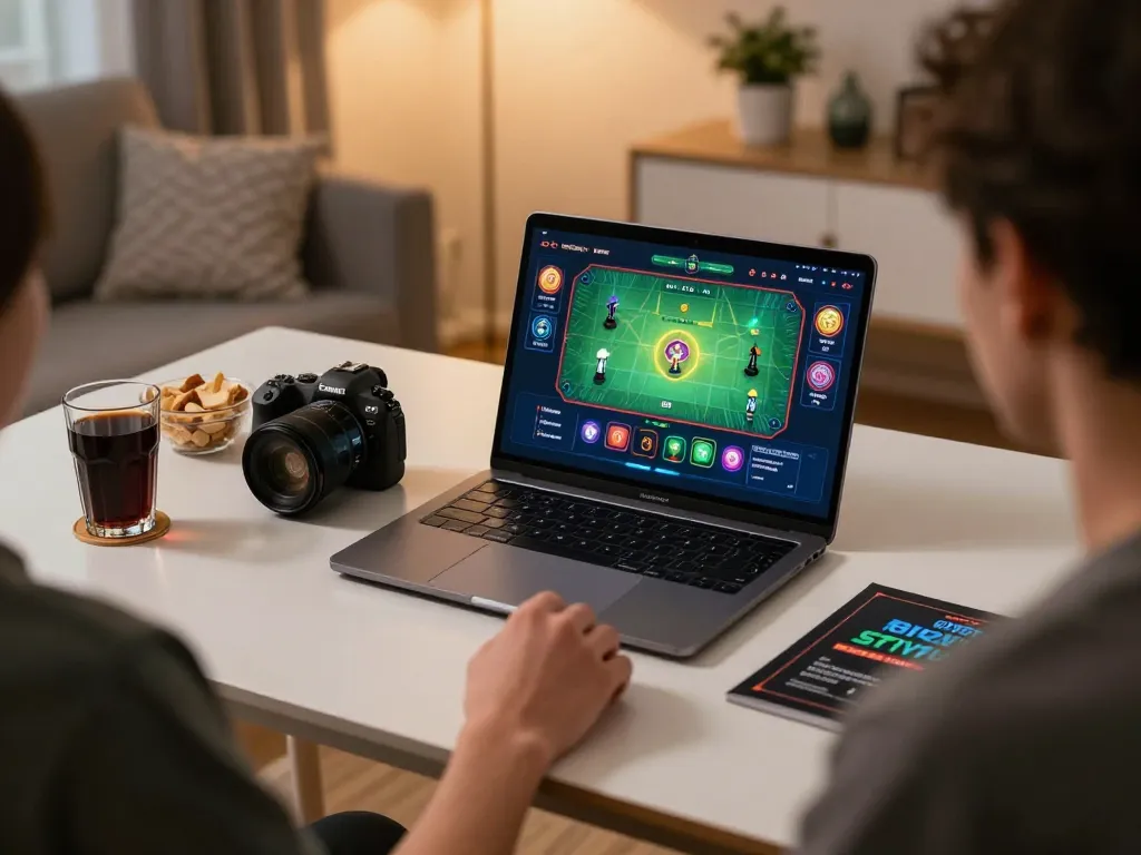 Enjoying live dealer games on rr88co laptop in cozy home office with snacks.