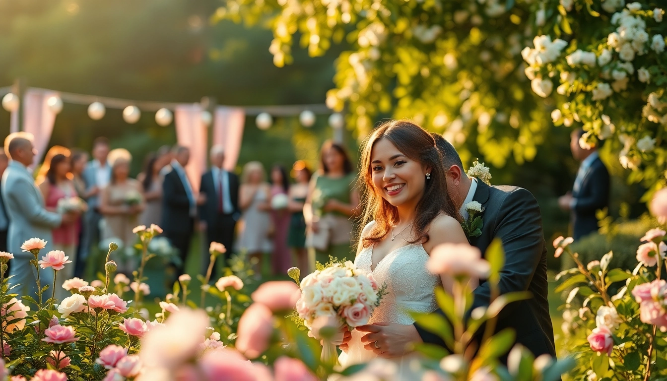 Capturing a romantic moment in wedding photography with a couple in a floral garden.
