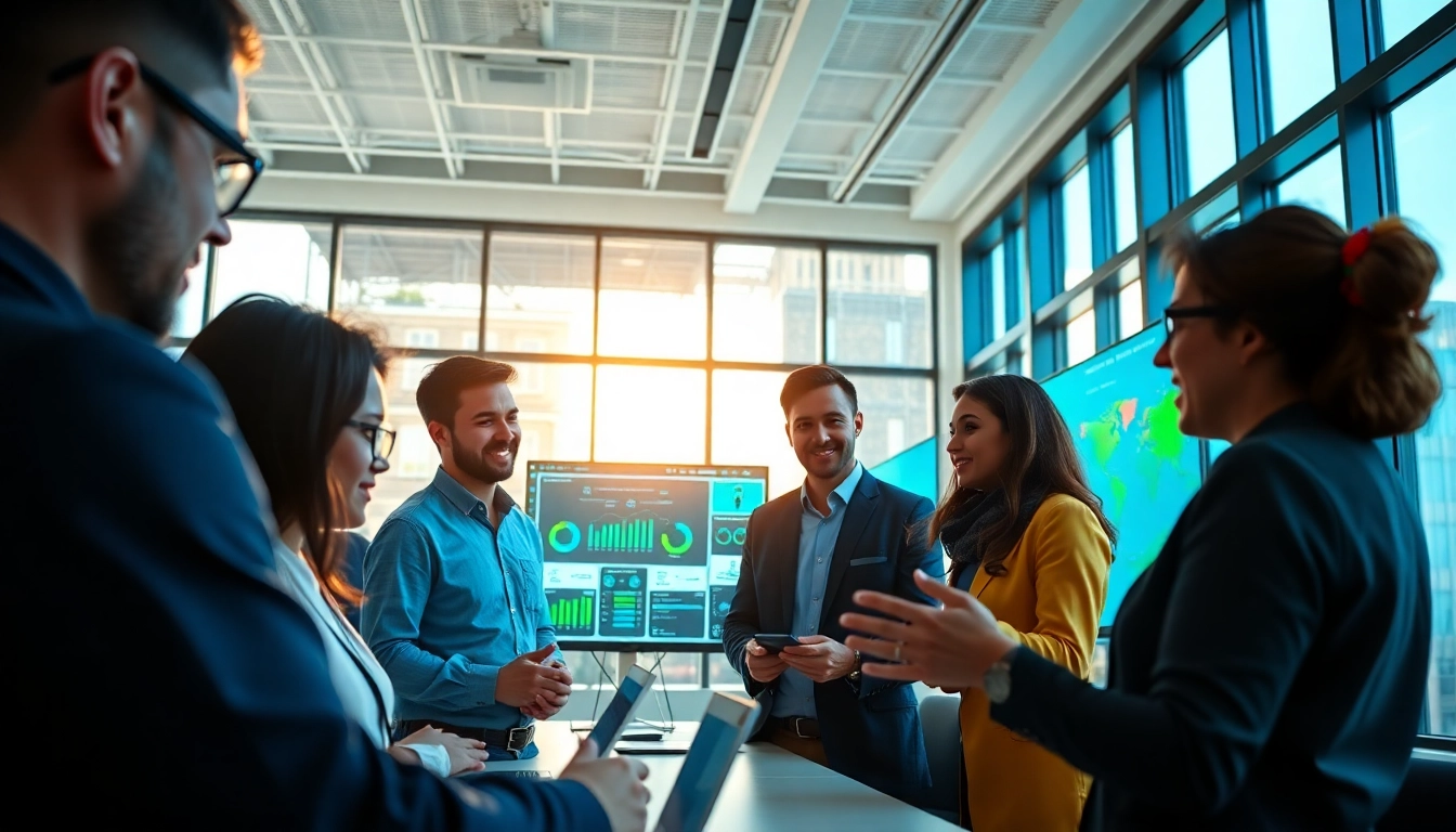 Collaborative team utilizing an enterprise assistant platform in a modern office environment.