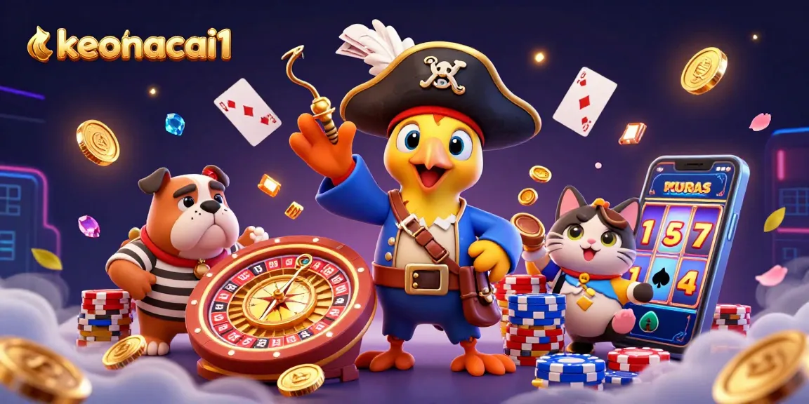 Bet on exciting games with keonhacai1 in a thrilling 3D pirate-themed scene filled with casino elements.
