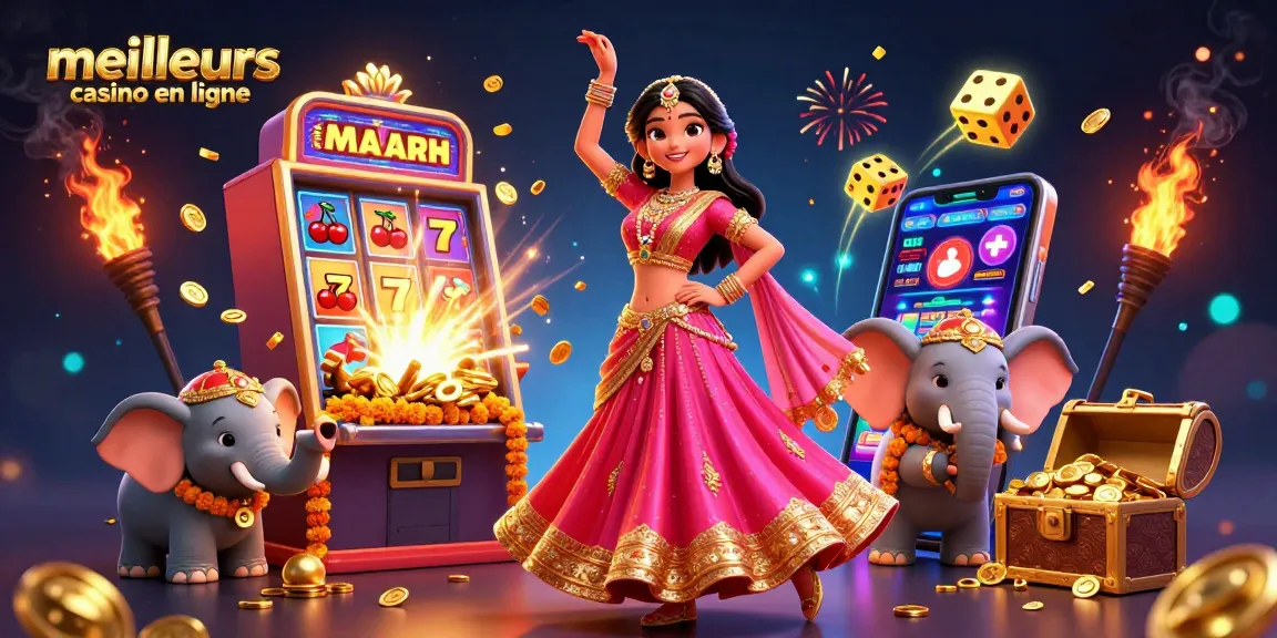 Découvrez l'excitation des meilleurs casinos en ligne avec une scène vibrante mettant en vedette des machines à sous, des pièces d'or et un personnage joyeux de Bollywood.