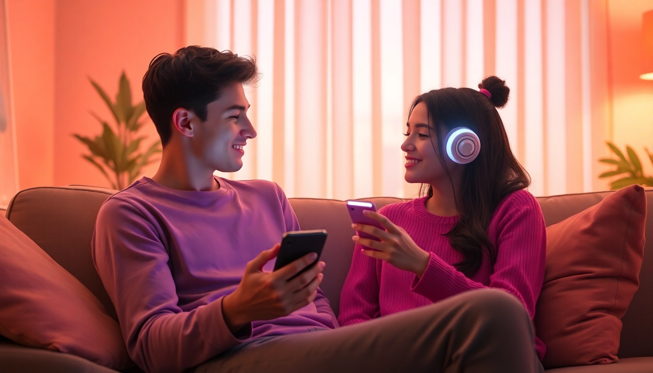 Engaging moment of ai sexting between a user and AI chatbot in a cozy setting.