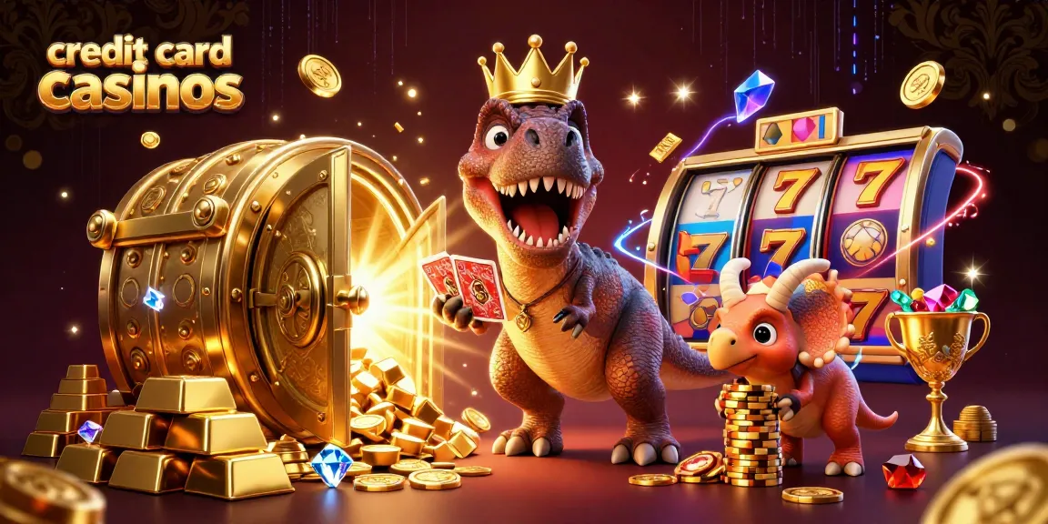Experience excitement at credit card casinos with playful dinosaurs stacking chips and playing cards.
