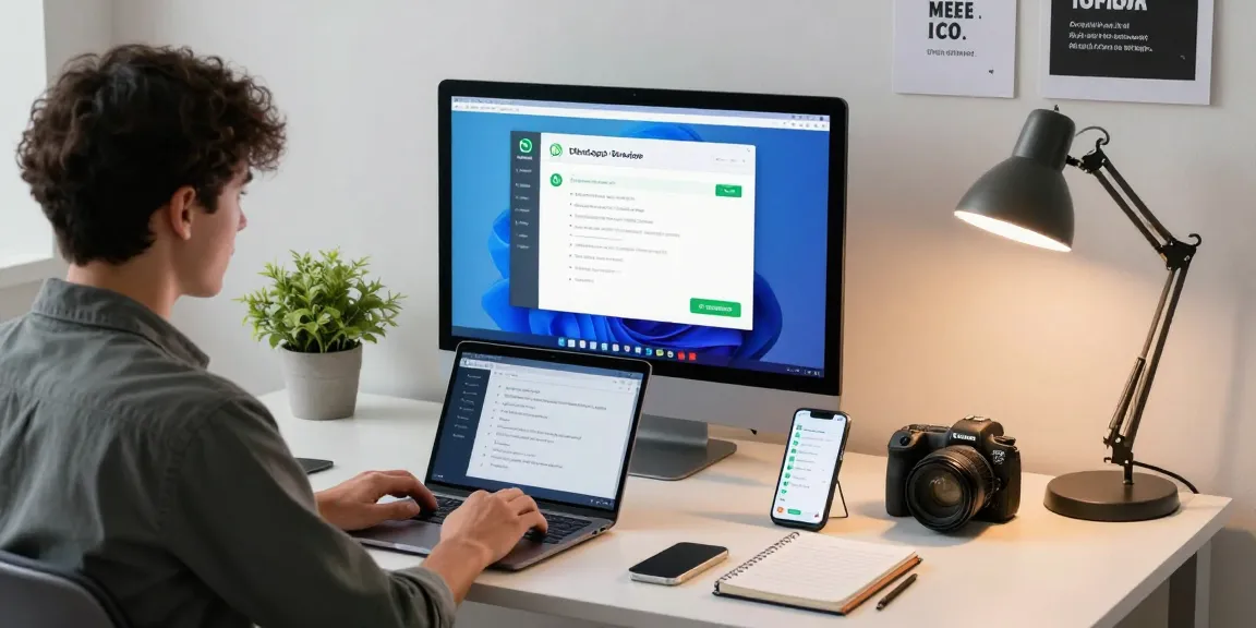 Professional using WhatsApp電腦版 on a sleek desk, showcasing modern workspace productivity.