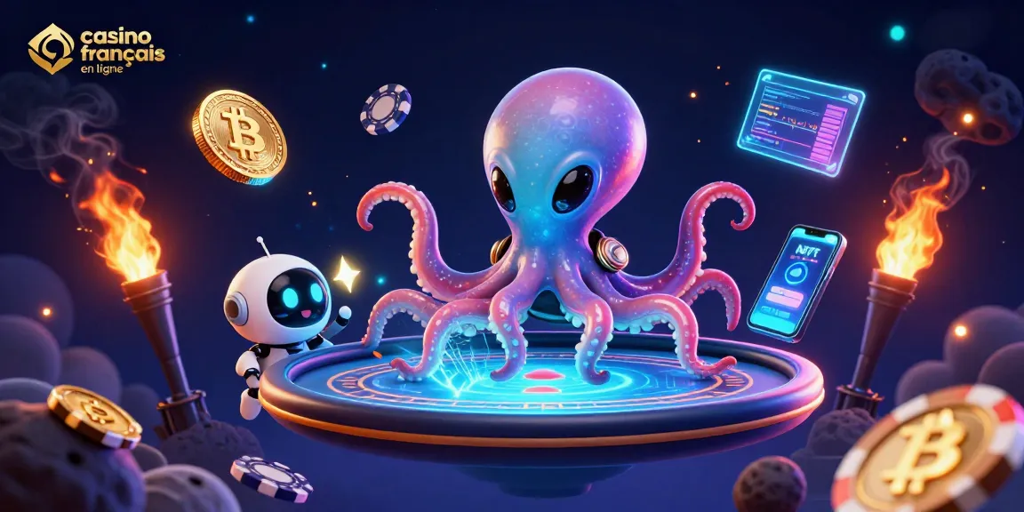 Jouez sur un casino français en ligne avec un octopus opérant une table de poker holographique flottante.