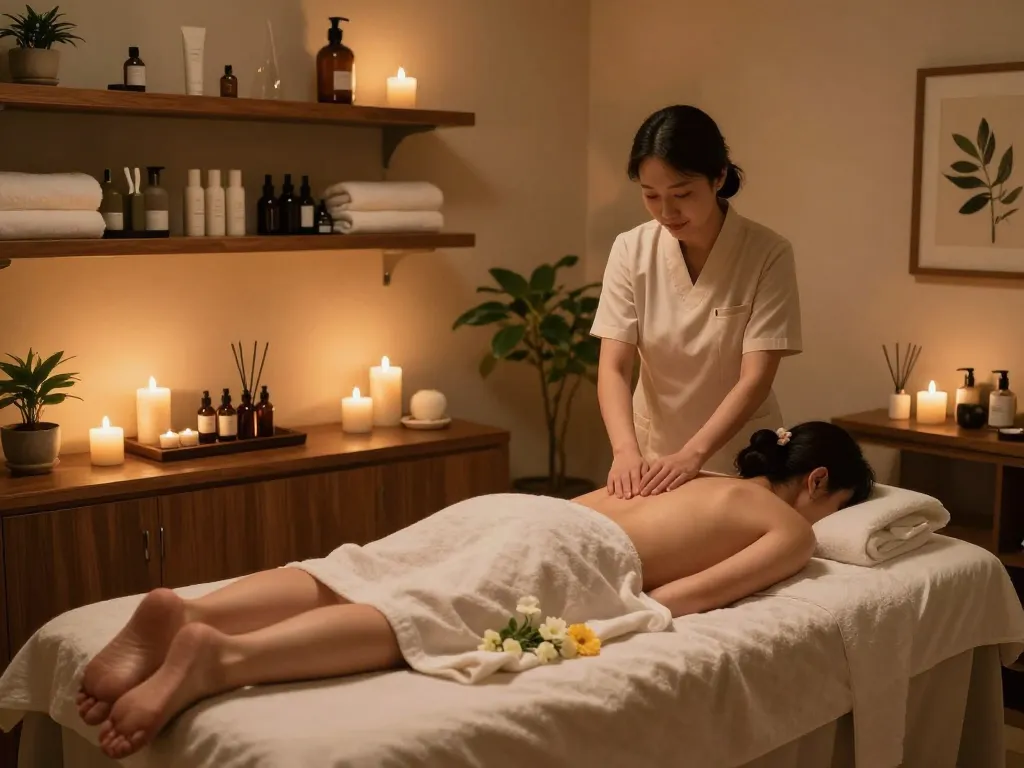 Relaxing 논현동마사지 treatment in a serene spa setting with warm lighting.