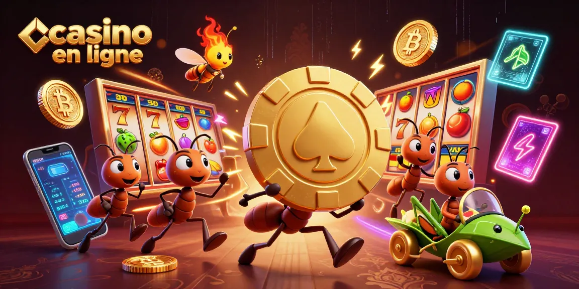 Les fourmis transportent des jetons d'or au casino en ligne, entourées de symboles de machines à sous
