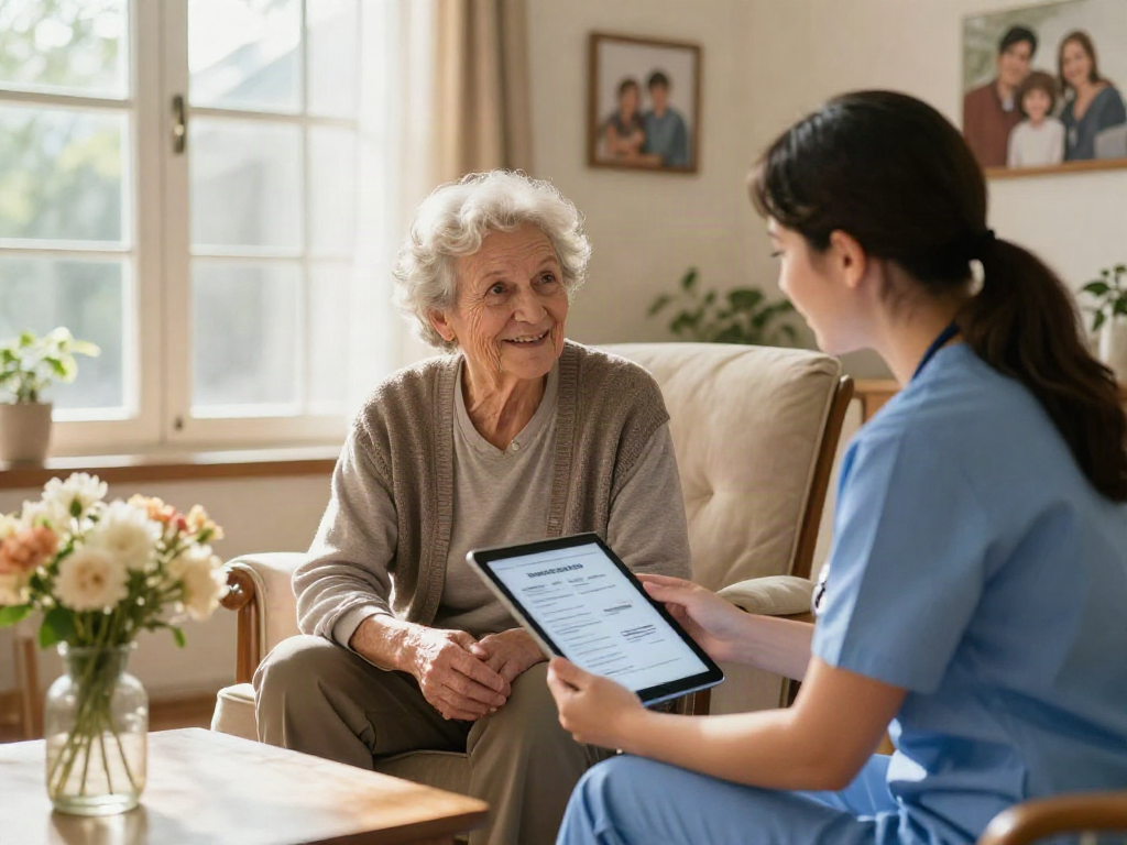 Caregiver providing support for elderly client with bonus new member 100 in a warm home care environment.