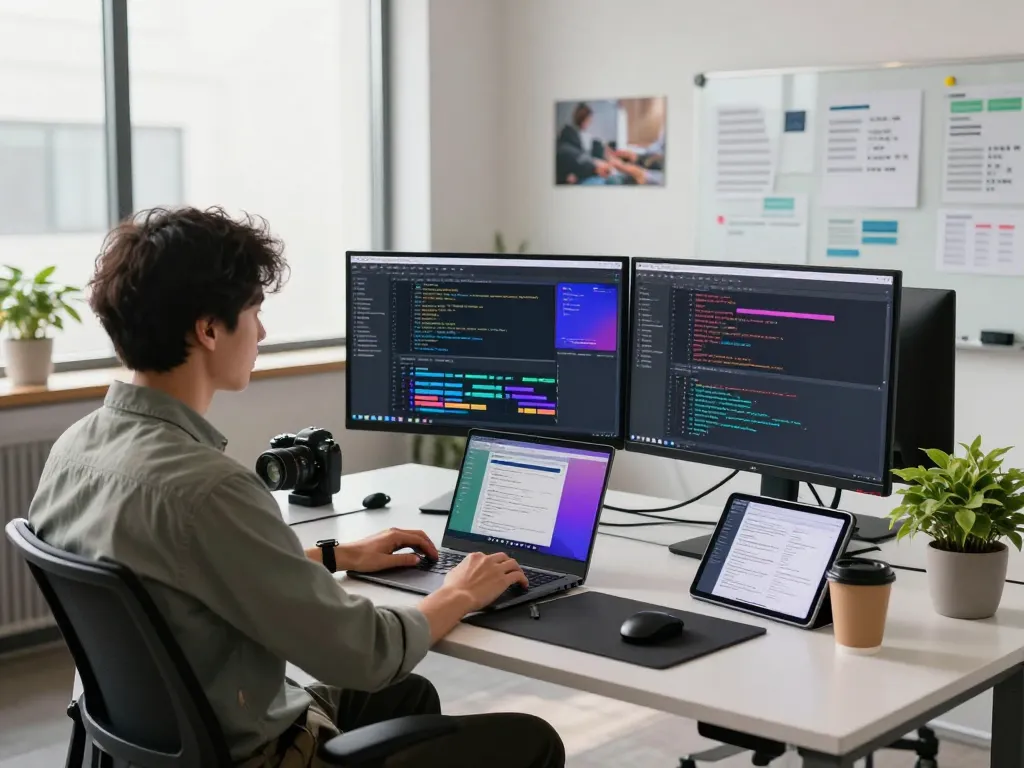 Developer utilizing OpenClaw in a bright tech workspace with multiple monitors and a modern setting.