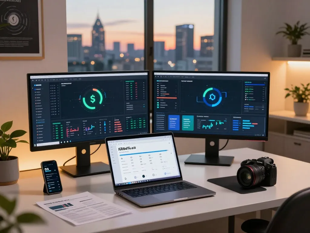 User analyzing the IODeFi platform in a modern workspace with digital finance tools.