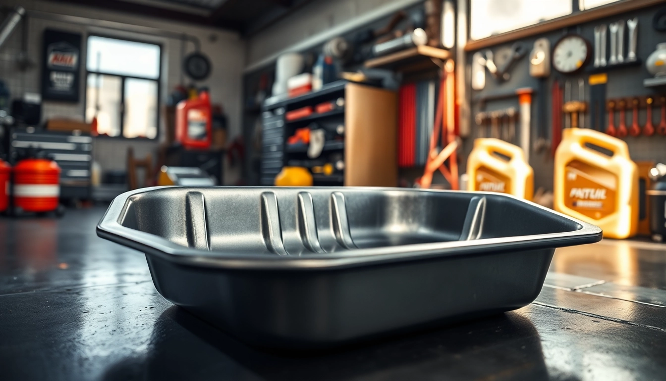 Efficient oil drain pan collecting used oil in a clean automotive workspace.