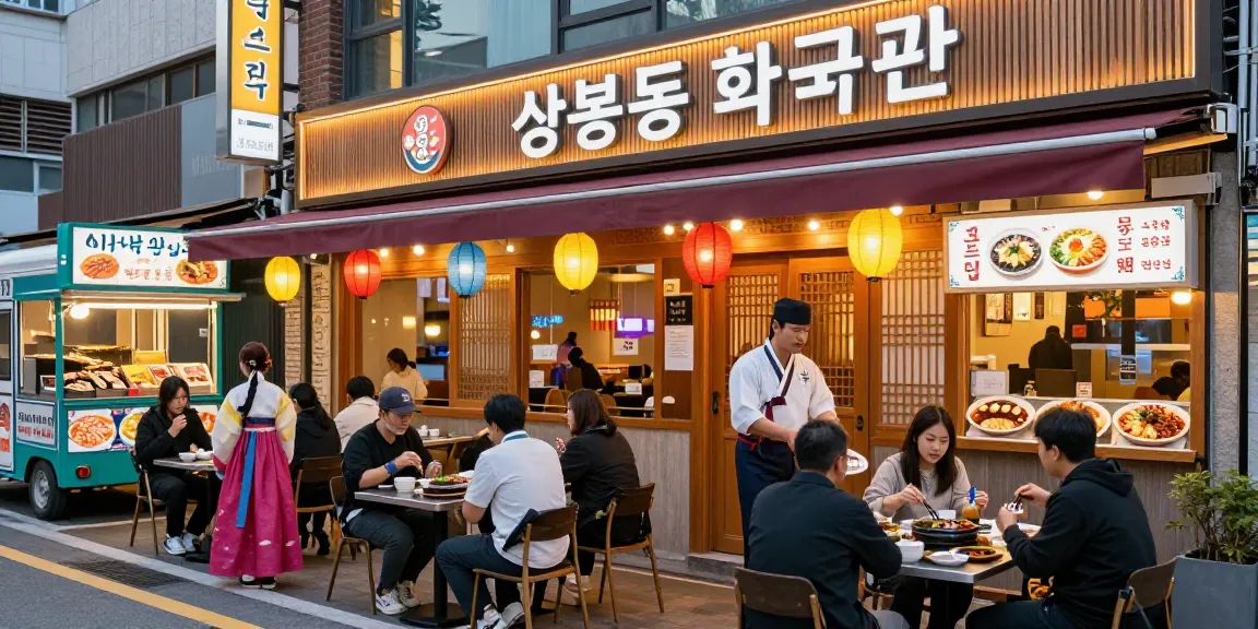 Exciting dining experience at 상봉동 한국관, showcasing vibrant Korean dishes and lively atmosphere.