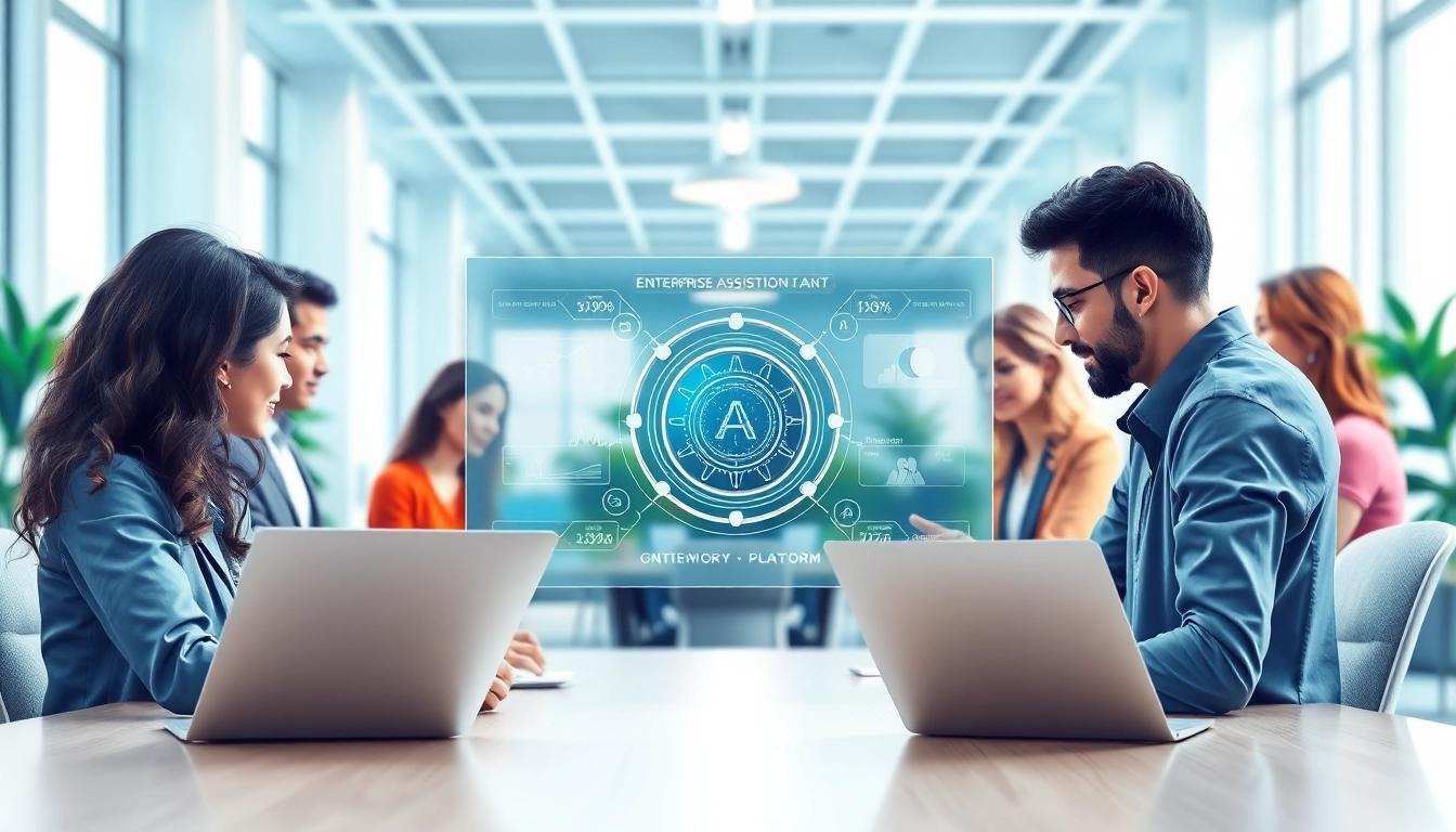 Engage with advanced enterprise assistant platform in a vibrant office setting, fostering collaboration.