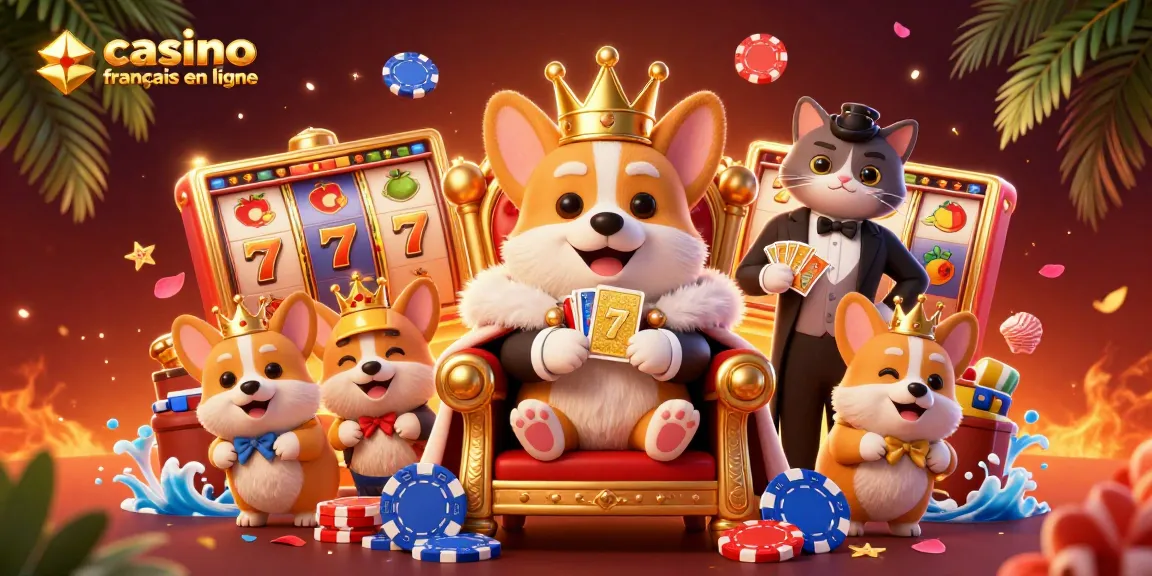 Jouez au casino français en ligne avec un corgi royal entouré de jeux et de décorations de casino.
