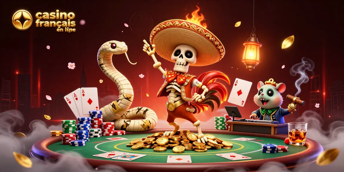 Le casino français en ligne animé par un squelette mariachi, un serpent momifié et un DJ hamster, célébrant sur une table de poker.