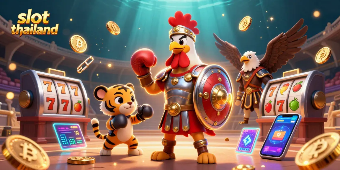 Engage with slot thailand in a vivid 3D illustration depicting a majestic gladiator rooster and slot gaming elements.